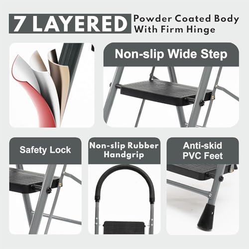 Image of FLIPZON 5 Step Folding Ladder for Home Use | Heavy Duty Steel Step Ladder with Anti-Skid Wide Steps & Soft Grip Handle | Strong, Safe & Durable Ladder for Kitchen, Cleaning & Office (Grey & Black)
