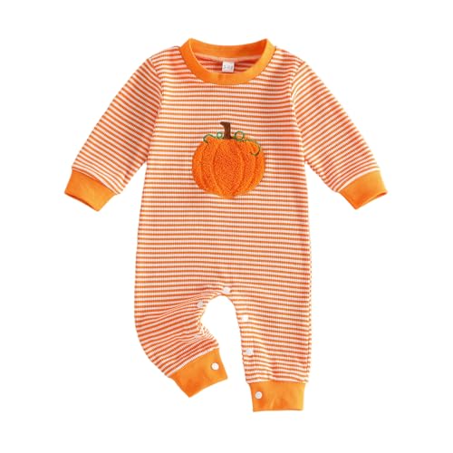 Rourufy Baby Halloween Outfit Newborn Boy Girl Waffle Embroidery Pumpkin Jumpsuit Long Sleeve Romper Fall Winter Clothes (G Pumpkin Orange 0-3 Months)