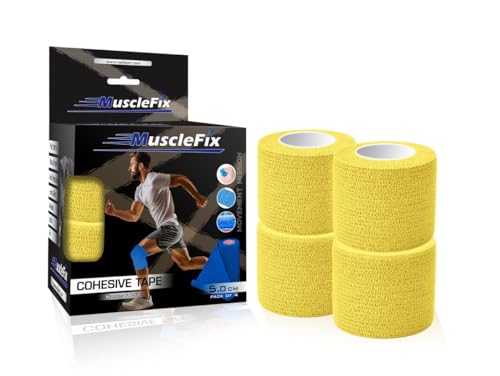 Image of Cohesive Self-Adhesive Bandage Wrap | Elastic Sports Bandage for Muscle & Joint Support | Breathable, Non-Slip, No Glue | Physiotherapy, Gym, Human & Pet Use (5 cm) (Pack of 4)-Yellow