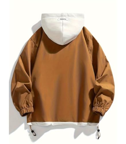Image of FTIMILD Mens Fake Two Pieces Windbreaker Spring and Fall Vibrant Color Block Coat Lightweight Jacket with Hood