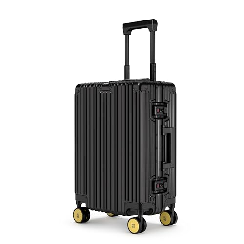 Image of EUME 100% Aluminium Cabin Trolley Bag Small for Travelling 50cm | Durable High-End 8 Silentrun 360 Degree Spinner Wheels | Premium Trolley Bag Small for Travel (Black with Yellow Wheels)