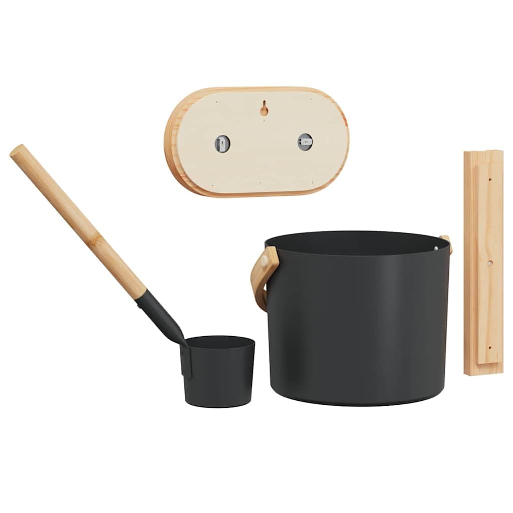 Mangloder - Set di accessori per sauna, 4 pezzi, nero, con secchio da 7 l, cazzuola, clessidra termometro, igrometro, manico in bambù, per interni, sauna, benessere, relax, bagno a vapore, legno