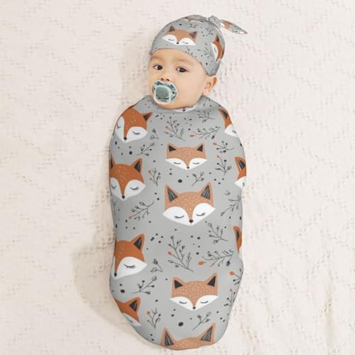 Image of Cute Forest Fox Seamless Newborn Swaddle Blankets Hat Sets Soft Baby Receiving Blanket Swaddle Sack for Baby Shower Infant Boy Girl Gift