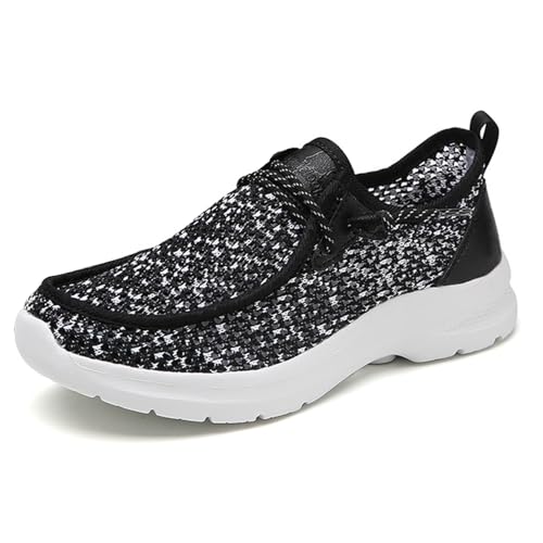 Women's Men's Canvas Slip On Loafers Unisex Round Toe Shallow Mouth Lace Up Casual Boat Shoes Comfortable Breathable Lightweight Walking Shoes (Black-A,6,5)