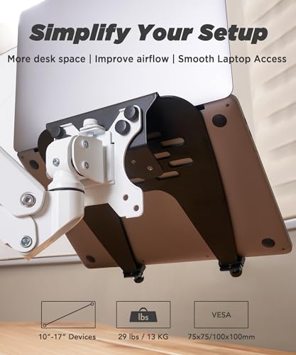Image of ULTRARM Steel Laptop Tray Holder for VESA Monitor Arm, Stand & Mount | 29 lb Capacity, Vented Cooling Platform, Smooth Access Design, VESA 75 /100 Mounting Holes, Also Fits Tablets, Black, MAAC-L