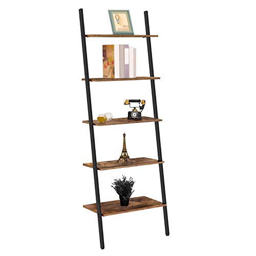 HOOBRO Ladder Shelf, 5-Tier Sloping Bookshelf, Industrial Plant Flower Stand Shelves, Leaning-Against-Wall Storage Rack for Living Room, Kitchen, Office, Metal Frame, Rustic Brown BF70CJ01