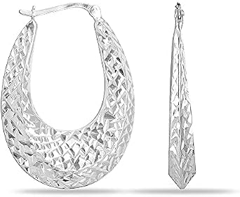 Charmsy 925 Sterling Silver Hoop Earrings for Women | Classic Diamond-Cut Shrimp Hoop Earring | Round Oval Shaped Puff Click-Top Earrings Hoops