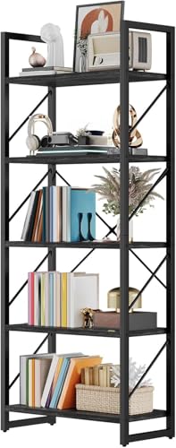 DWVO 5 Tier Bookshelf, Industrial Bookshelves Open Shelf Bookcase, Storage Shelves Organizer Display Rack for Bedroom,Living Room,Office,Kitchen, Charcoal Gray
