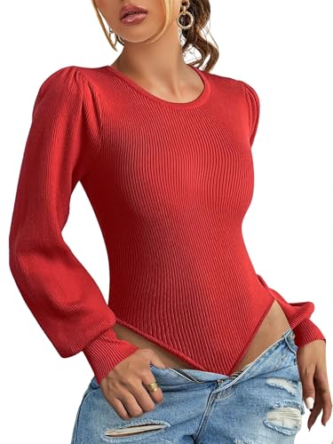 Image of Zeagoo Womens Sweaters Long Sleeve Bodysuits 2026 Fall Crewneck Puff Knit Pullover Tops