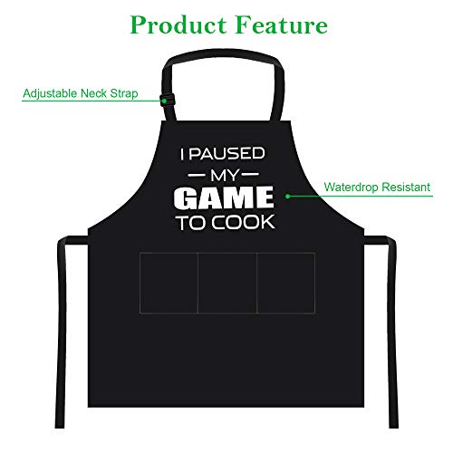 I Paused My Game To Cook - Funny Cooking Apron For Men, Women - Adjustable Bib Grill Aprons With 3 Pockets -Mothers Day, Fathers Day, Birthday, For Mom, Dad, Wife, Husband, Friends #TOP2