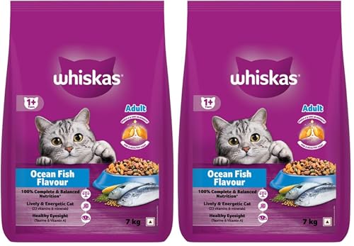 Image of Whiskas Adult (1+ Years) Dry Cat Food, Ocean Fish Flavour, 7 kg, Contains 41 Essential Nutrients, Complete & Balanced Nutrition for Adult Cats (Pack of 2)