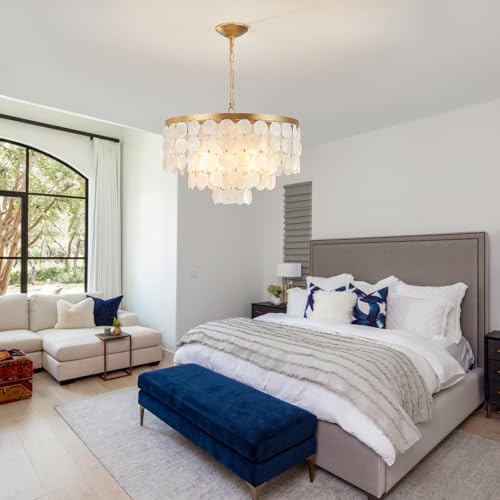 HLMRCHEN Shell Chandelier, White and Gold Chandelier Light Fixture with 4 Lights Capiz Seashell Pendant for Foyer,Kitchen Island,Entryway,Dining Room (18" Coastal Chandeliers) - Image 7