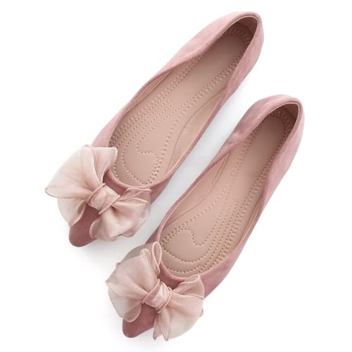 Image of SAILING LU Womens Bowknot Ballet Flats Pointy Toe Suede