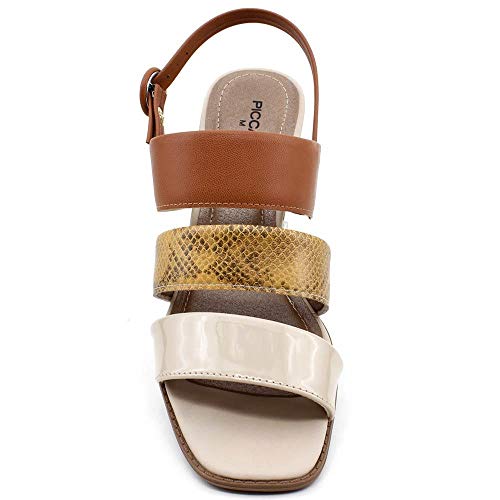 SANDÁLIA CASUAL PICCADILLY TIRAS NAPA VERNIZ COBRA SALTO BLOCO OCRE AÇAFRÃO FEMININA