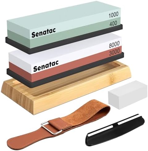 Senatac Schleifstein für Messer - Wetzstein Set Abziehstein Körnung 400/1000 3000/8000 Messerschärfer mit Rutschfeste Bambusbasis Flachstein Lederstreifen Winkelführung und Silikon