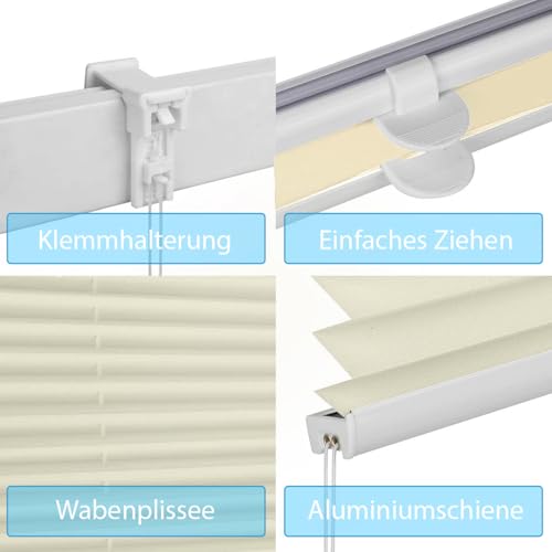 Sekey Plissee ohne Bohren, Fenster Plissee Klemmfix Jalousie 135 cm breit, Verspannt Lichtdurchlässig Sonnenschutz Fensterollo, 135 x 150 cm, Beige