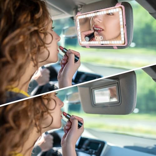 Image of Car Sun Visor Vanity Mirror with Lights, Pink Rechargeable Car Makeup Mirror Accessories, Birthday Gifts for Women Girl, 3 Light Modes, Dimmable Touch Led Screen, Universal for Car Truck