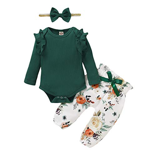 Image of WeoTca Newborn Baby Girl Clothes Infant Outfits Ruffle Sleeve Romper Bodysuit Floral Pants Toddler Girl Outfits (Green, 0-3M)