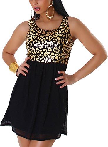 Graffith Damen Pailletten Mini Kleid Bandeau Peplum Chiffonrock Glitzer Glanz, Gold 34-36 (M)