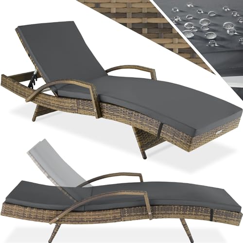 tectake® Polyrattan Sonnenliege, Gartenliege mit 5-Fach Verstellbarer Rückenlehne, wetterfest, Outdoor Relaxliege mit weicher Polsterauflage, Rattanliege für Garten, Balkon und Terrasse - Natur