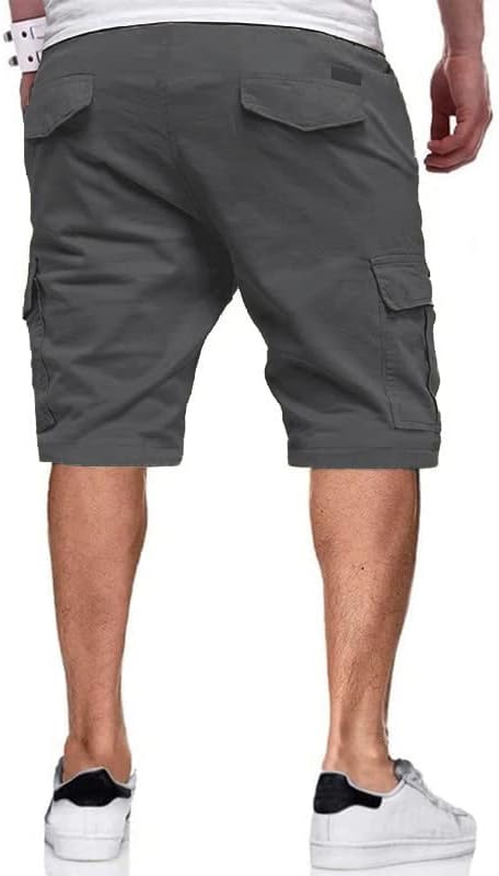 Vista 2 de BUXKR Pantalones cortos para hombre con bolsillos con solapa y cordón de ajuste, pantalones cortos de entrenamiento de algodón con múltiples