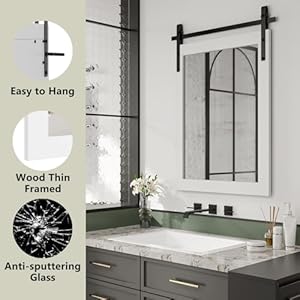 Lovmor farmhouse mirror wall mounted rustic 2230 inspirational barn door mirror with white wooden frame rectangular mirror for wall decorative entryway bathroom living room bedroom  urban country home decor