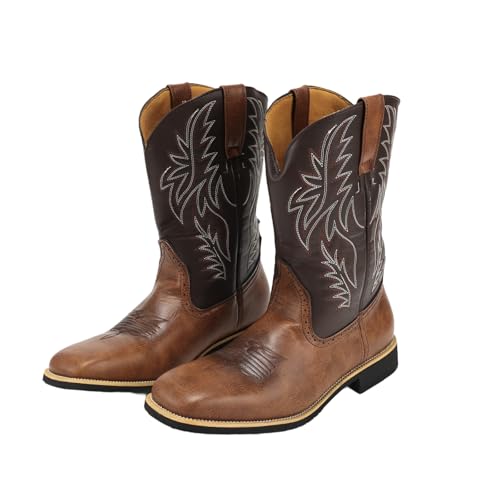 Mens Cowboy Wide Toe Boots Embroidered Western Shoes Medieval Leather Pull On Slip Resistant Boot