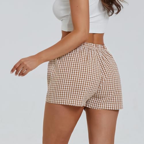 Image of Pivanzore Y2k Plaid Shorts for Women Casual Elastic Waist Aesthetic Lounge Bottom Baggy Pajama Shorts Boxers Sleepwear