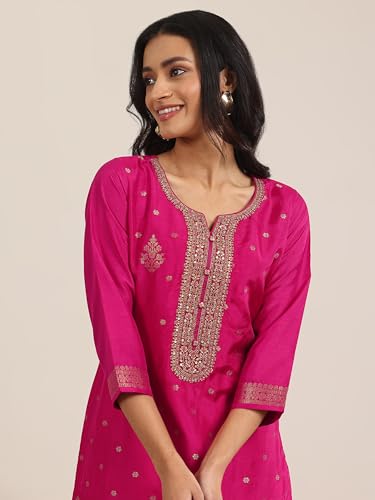 Image of Libas Woven Design Silk Blend Straight Kurta With Trouser and Dupatta