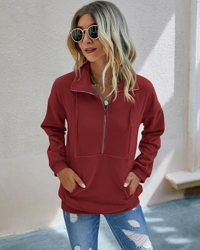 Image of PRETTYGARDEN Women's Casual Long Sleeve Zipper Sweatshirt Drawstring Loose Quarter Zip Pullover Tops with Pockets
