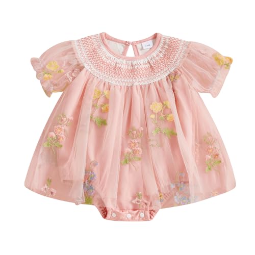 Image of Geagodelia Infant Baby Girl Romper Dress Newborn Baby Girls' Bodysuits Flower Embroidery Jumpsuit Skirt Tulle Princess Dress A-Line Pageant Baptism Wedding Birthday Party Dress (Pink, 9-12 Months)