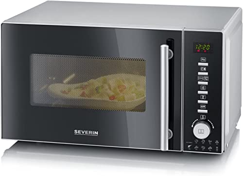 SEVERIN Four à micro-ondes 20 L, 1 350 W,, Four micro-onde avec fonction gril et chaleur tournante, Micro-onde avec 10 niveaux de puissance, Minuteur 95 min, Plateau tournant, Noir/Inox, MW 7773