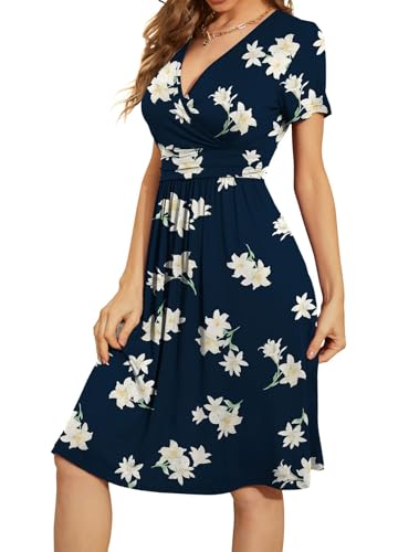 Image of WEACZZY Women's Summer Short Sleeve Casual Dresses V-Neck Floral Party Dress with Pockets