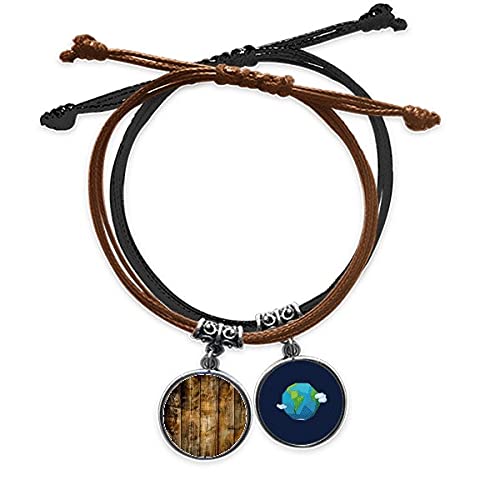 Pulsera de cuero negro y madera de estilo retro con cuerda de mano irregular