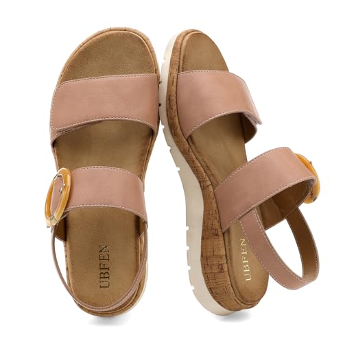 Image of UBFEN Womens Low Wedge Walking Sandals with Arch Support | Open Toe Sandals Adjustable Instep and Ankle Straps for Summer Everyday Outfits, Travel,Vacation