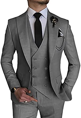 Wangyue Slim Fit Suits for Men Grey 3 Pieces Suits Double Breasted Vest Suits Size M for Wedding 40