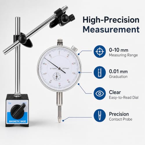 Image of Dial Indicator Gauge with Adjustable Magnetic Base Stand 0-10mm Measuring Range 0.01mm Graduation Precision Measurement Tool for Engineering Automotive CNC Machining Industrial Inspection