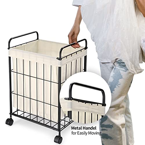 Iron Wire Laundry Hamper With Rolling Lockable Wheels, Folding Laundry Storage Basket With Metal Handles, Detachable Liner Bag Dirty Laundry Hamper Cart Sorter Clothes Basket Organizer #TOP5