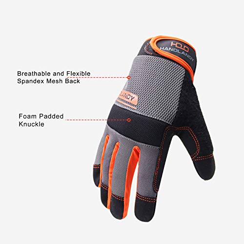 HLDD HANDLANDY Leichte Arbeitshandschuhe, Herren & Damen Multifunktionale Arbeitshandschuhe mit umfangreichem Handflächenschutz Gartenarbeit Bauarbeitshandschuhe Touchscreen (orange/grau, M)