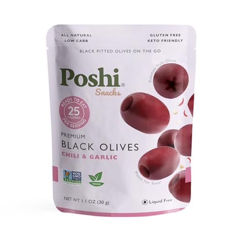 Image of Poshi Green Olives On-The-Go - Original Flavor - Single Serve Pitted Olives - Convenient and Healthy Snack Packs - All Natural, Non-GMO, Kosher, Gluten-Free (Original Chili + Garlic Black Olives, 33 Ounce (Pack of 30))