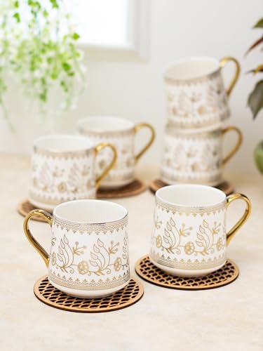 Image of Clay Craft Fine Ceramic Gold Printed Tea /Coffee Mugs Sets of 6-200 ml Each (Parker E602), Tea Cup Set of 6, Mugs for Coffee, Cups Set of 6, Mug Set, Ideal for Gifting, Perfect for Home and Office