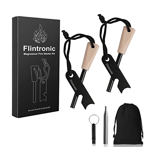 Flintronic 2PCS Pedernal para Fuego,Kits Encendedor Supervivencia de Acero de Pedernal Resistente al Agua,Incluye Silbato,Tubo de Soplado Plegable,Raspador con Escala,para Camping/Senderismo/Exterior