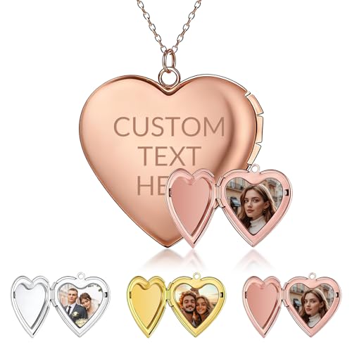 elesories Personalized Picture Necklace with Photo Inside, Custom Photo Locket Necklace with Engraving, Memorial Anniversary Birthday Gift for Couples, Wife, Girlfriend (Rose Gold, heart)