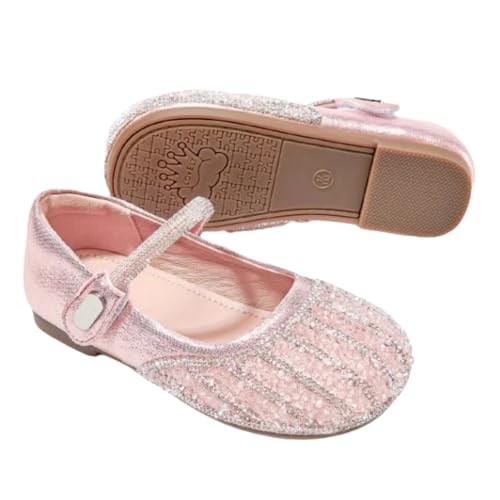 Girls' Sparkly Mary Jane Flats, Pink Crystal Ballet Shoes with Rhinestone Strap2