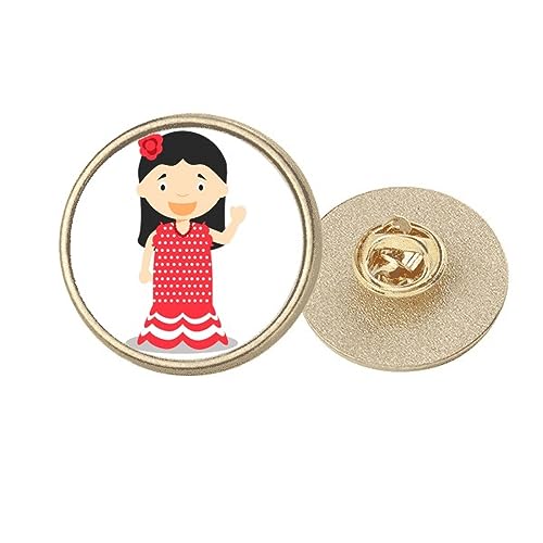 Broche ronde en métal doré fleur rouge espagnole taille M