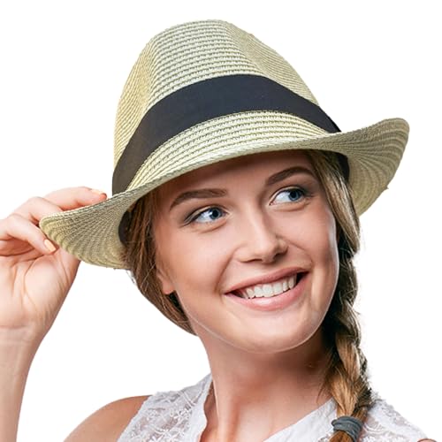 Image of Straw Fedora Hat for Women Men Short Brim Panama Hat Roll Up Trilby Summer Beach Sun Hat UPF 50+ (US, Alpha, Medium, Large, Beige)