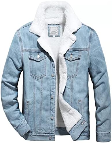 FIILIMER Men's Fleece Lined Jean Jacket Winter Sherpa Windbreaker Cotton Denim Trucker Jacket(805lightblue,L)