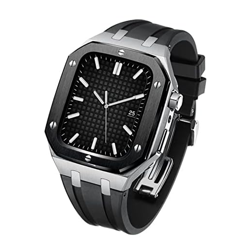 KAVJU Pulseira para Apple Watch Band 44mm 45mm kit de modificação capa de metal + pulseira de silicone de borracha para iWatch 42MM SE 7 6 5 4 Smartwatch (Cor: Dourado, Tamanho: 44 mm)