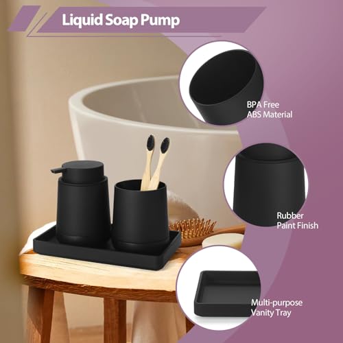 Black Bathroom Countertop Accessories Set - Soap Dispenser and Toothbrush Holder with Silicone Boot,Vanity Tray (Black Liquid) - Image 4
