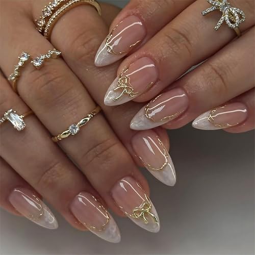 Almond Press on Nails | Medium Almond Fake Nails,3D Gold Bow Fals...